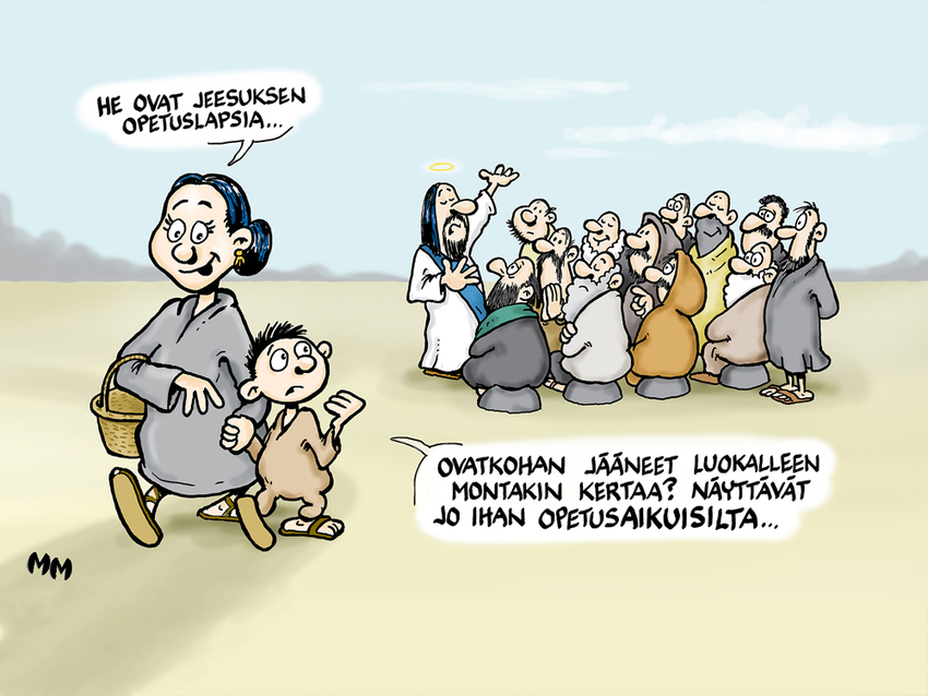 Lapsi ihmettelee ovatko Jeesuksen opetuslapset jääneet luokalleen, kun ovat hieman iäkkään oloisia.