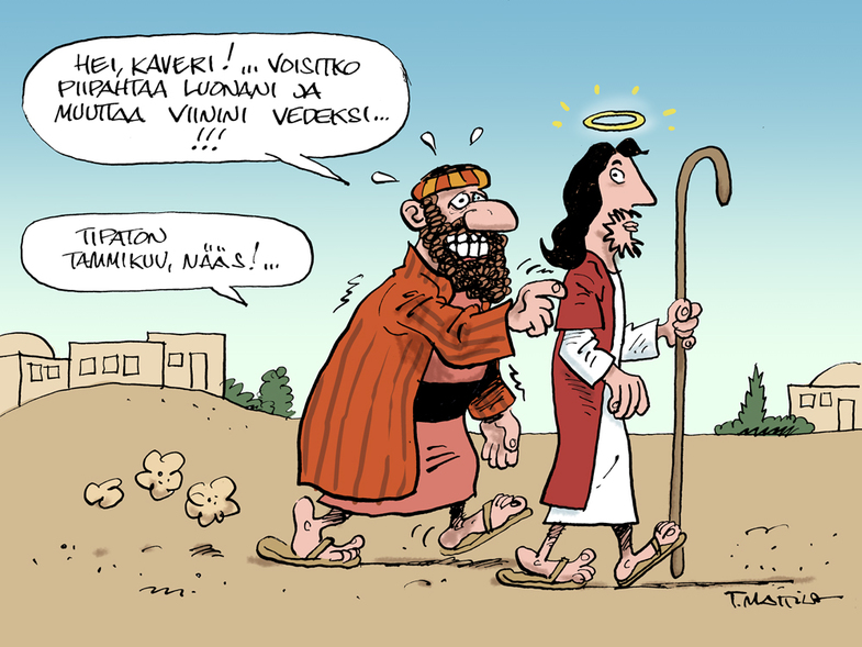 Hupipiirros, jossa mies kulkee Jeesuksen takana koputtaen hänen olkapäätään. Mies toivoo että Jeesus voisi tulla hänen kotiinsa ja muuttaa viinin vedeksi, koska tipaton tammikuu, nääs!