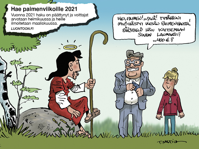 Jeesus istuu kivellä kun mies tulee hänen luokseen tytär mukanaan. Mies kysyy Jeesukselta, että pääsisikö hänen tyttärensä katsomaan Jeesuksen laumaa neljälläsadalla eurolla, kun hän myöhästyi paimenviikkojen hausta.