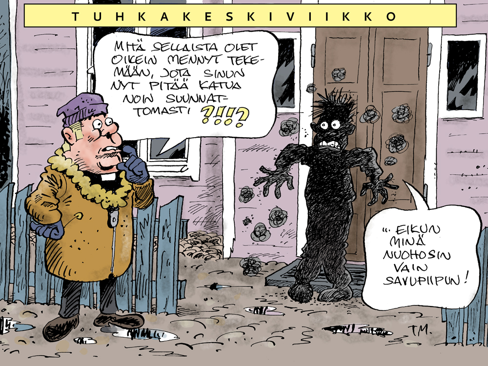 Sarjakuvassa pappi ihmettelee nokista miestä tuhkakeskiviikkona.