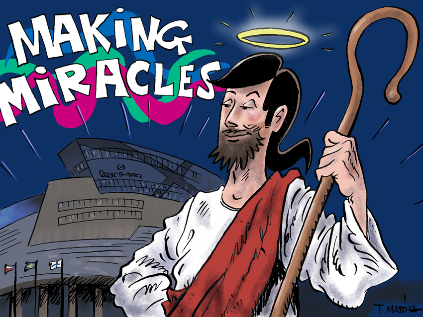 Hymyilevällä miehellä on kädessään sauva ja pään yläpuolella sädekehä. Taivaalla on teksti Making miracles, ja taustalla on komea halli.