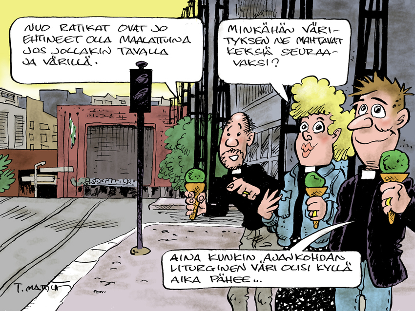 Papit toivovat ratikoihin liturgisia värejä.