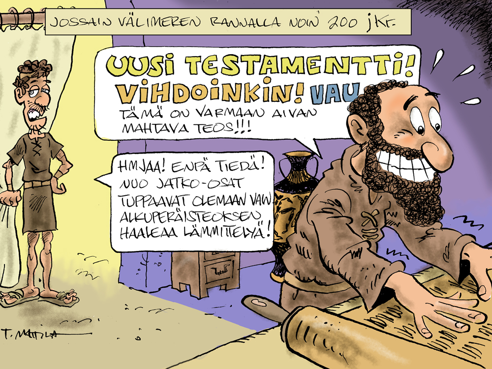 Välimeren rannalla noin 200 jKr. kaksi miestä keskustelee. Toinen on innoissan uudesta testamentista, johon toinen toteaa, että jatko-osat ovat usein vain alkuperäisteoksen haaleaa lämmittelyä.