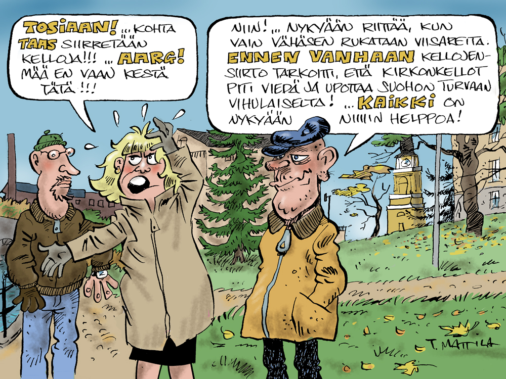 Nainen ja kaksi miestä puistomaisessa miljöössä keskustelemassa kellojen siirrosta. Nainen ei pidä ollenkaan kellojen siirrosta ja tähän toinen mies toteaa, kuinka ennen vanhaan kirkon kellot siirrettiin suohon turvaan vihulaiselta, mutta nykyään kaikki on niin helppoo.