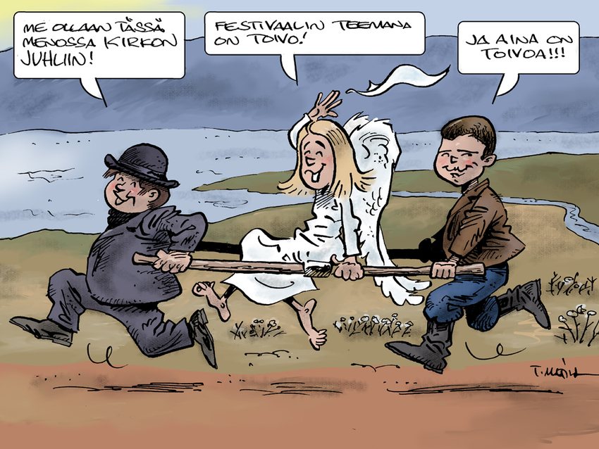 Hymyilevää haavoittunutta enkeliä kannetaan kirkon juhliin.