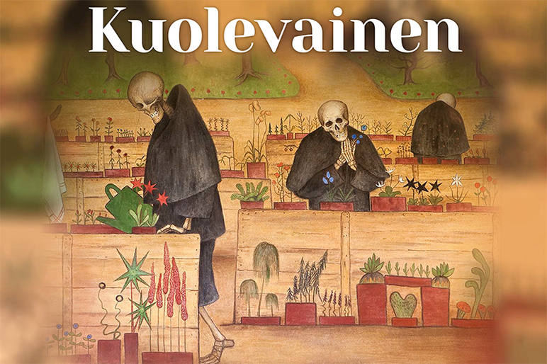 Osa Hugo Simbergin maalauksesta, jossa kolme luurankohahmoa hoitaa puutarhaa. Yläpuolella on teksti Kuolematon.