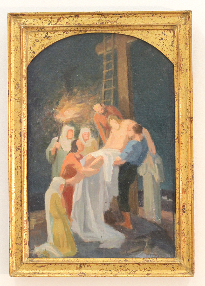 Maalaus, jossa naiset laskevat Jeesusta alas ristiltä.