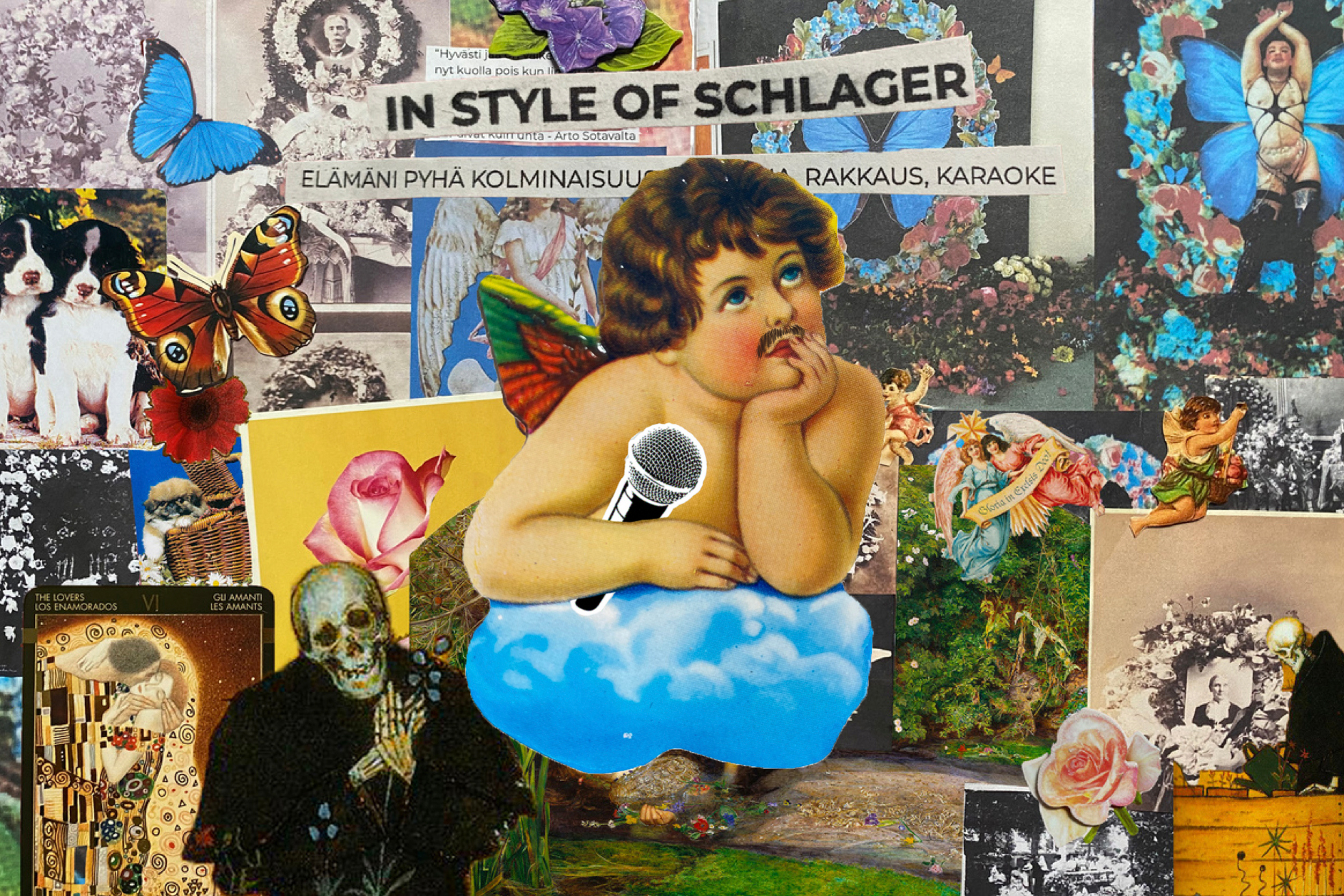 Kollaasi, jonka keskellä kainalossaan mikrofonia pitävä kiiltokuvaenkeli, jolla on viikset.