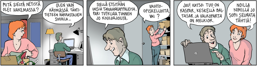 Sarjakuva piirros, missä mies ja nainen keskustelevat taivaankappaleen tutkijoista.