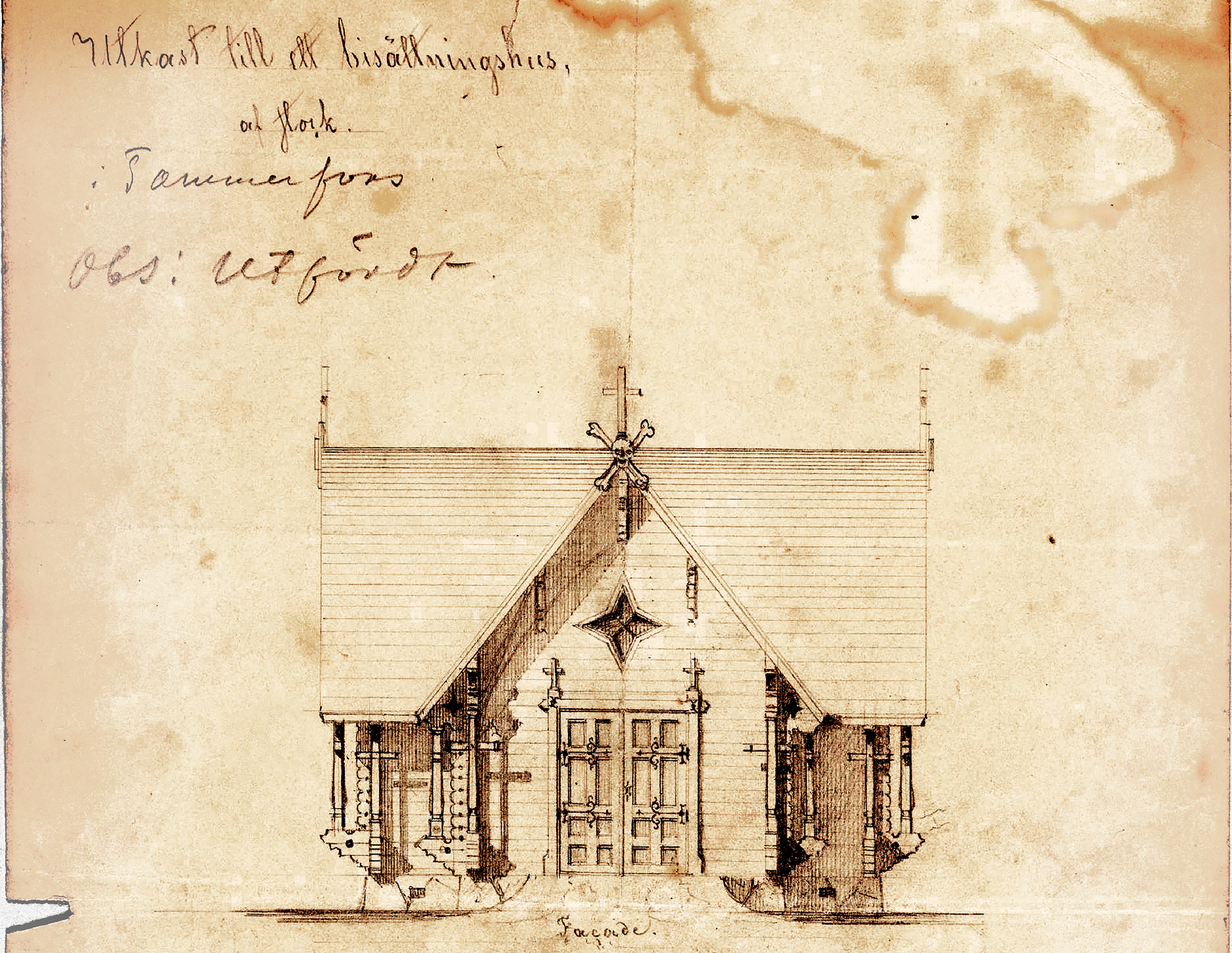 Piirustus rakennuksesta kellastuneella paperilla.